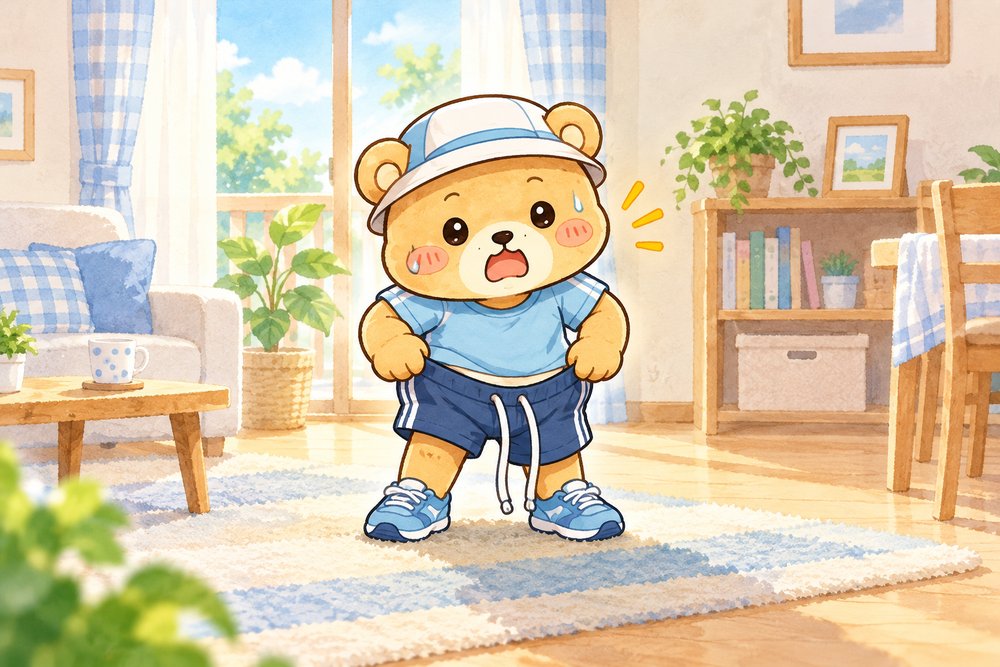 ゆるくなったパンツを押さえてあわてるクマのナビ助