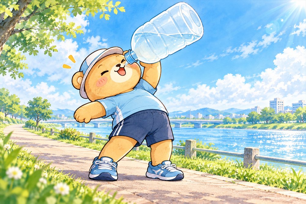 川沿いで水筒の水を飲んで走る準備をするクマのナビ助