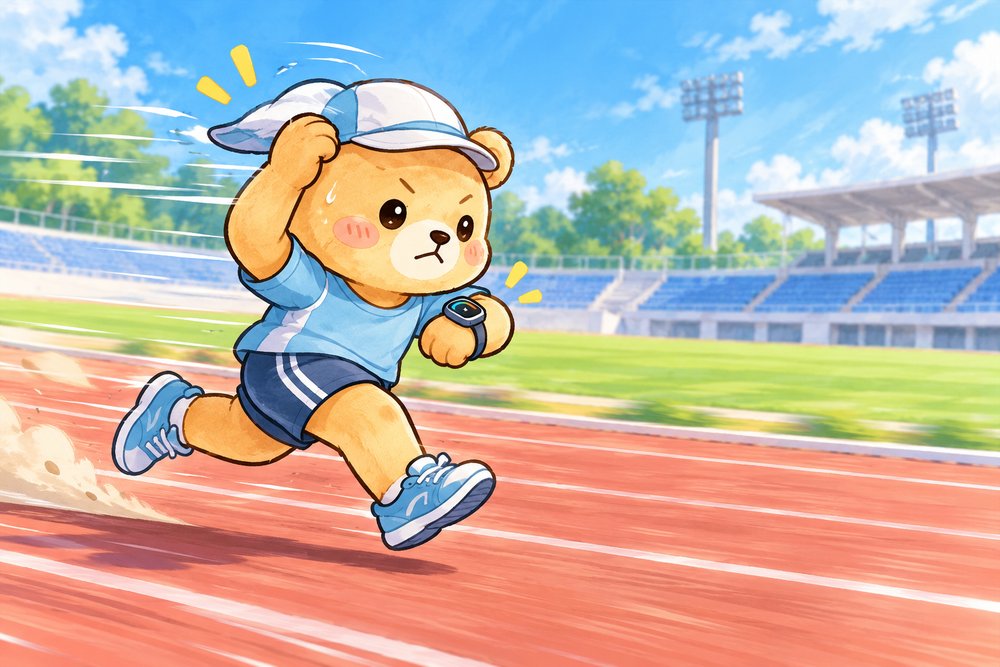 トラックで帽子を押さえながらペース走するナビ助