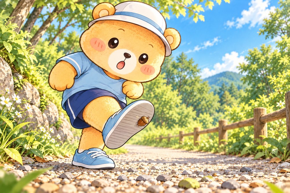 砂利道で足の裏の感触におどろくクマのナビ助