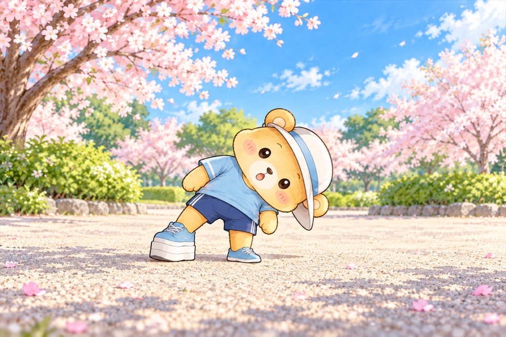 厚底と薄底を片足ずつはいてかたむくクマのナビ助