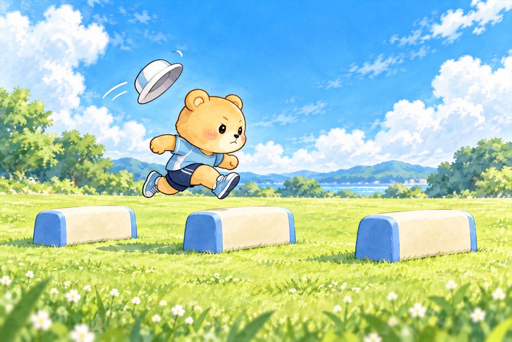 ハードルをジャンプで跳びこえるクマのナビ助