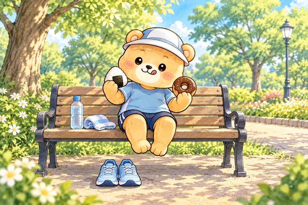 ドーナツとおにぎりを見比べて考えるクマのナビ助