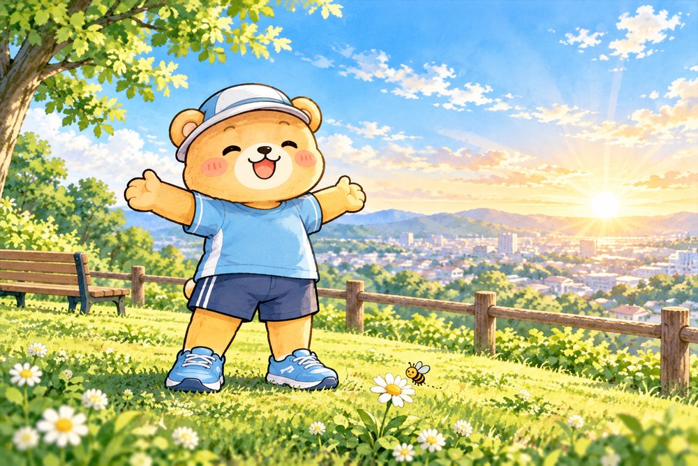 朝日の丘で両手を広げて深呼吸するクマのナビ助