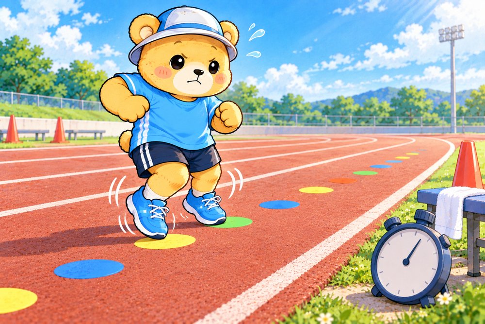 等間隔の目印に歩幅を合わせて小さく刻むクマのナビ助