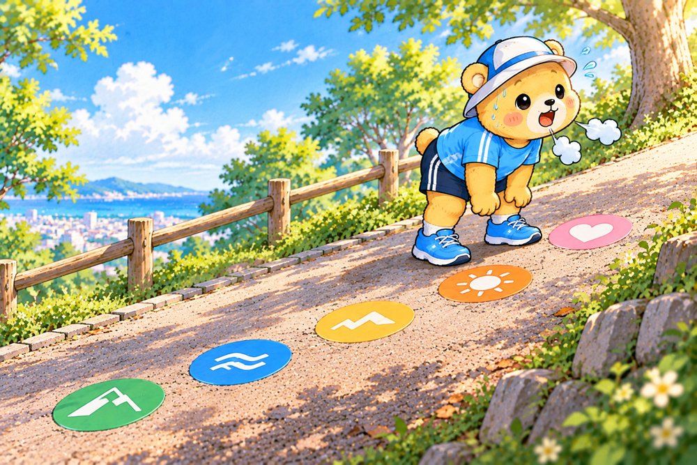 坂道の途中で膝に手をついて息を整えるクマのナビ助