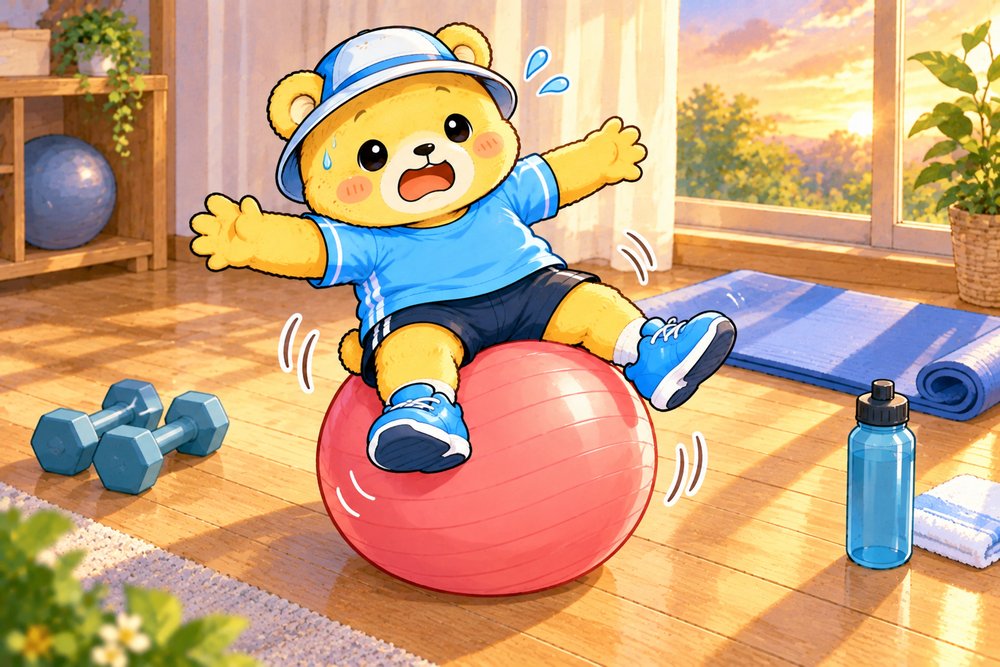バランスボールの上で両手を広げるクマのナビ助