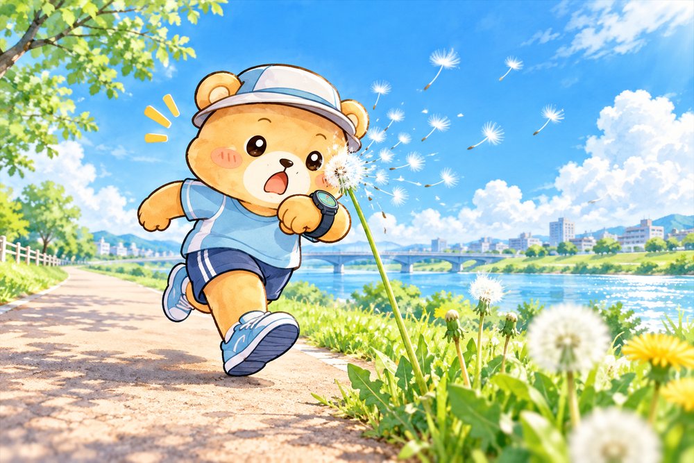 ウォッチを見ながら走ってタンポポの綿毛に突っこむクマのナビ助