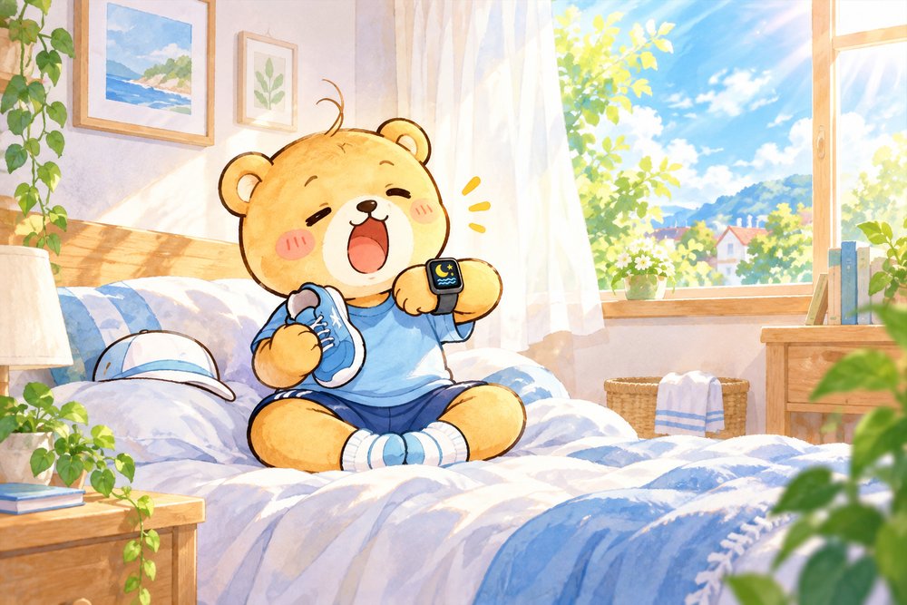 寝起きにウォッチで睡眠を確かめるクマのナビ助