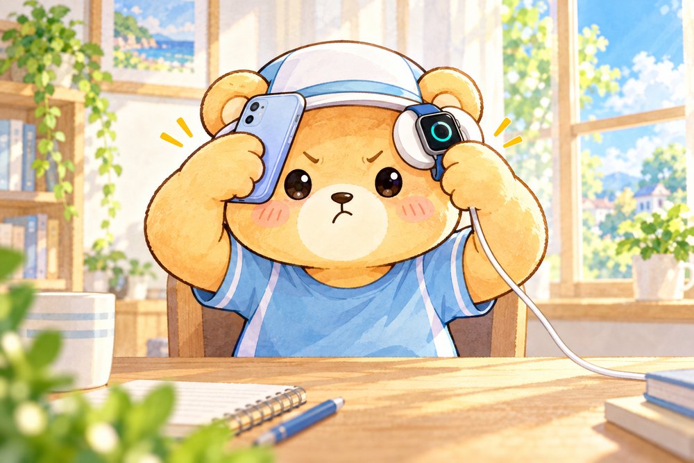 スマホと時計をおでこにくっつけて同期を念じるクマのナビ助