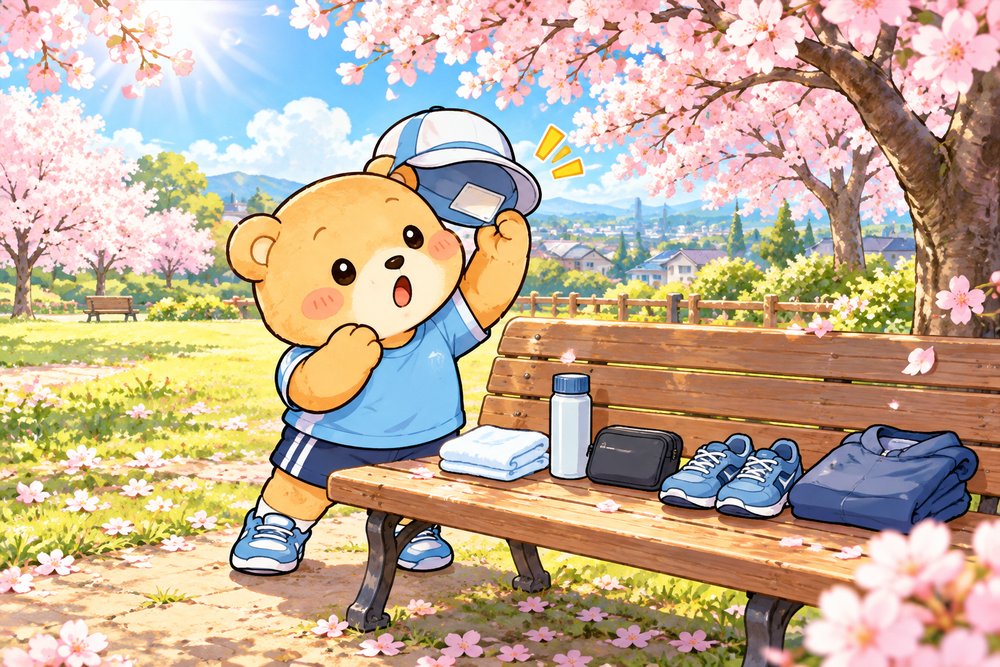 春の桜の公園で持ち物を確認して帽子の中を探すクマのナビ助