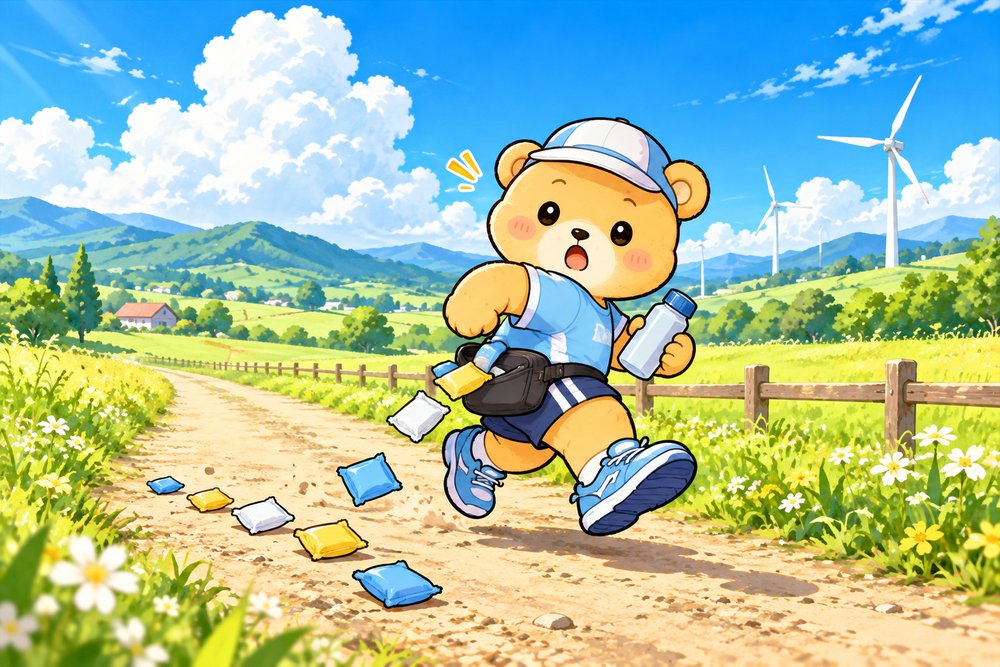 夏の高原の農道で走りながら補給の包みを落とすクマのナビ助
