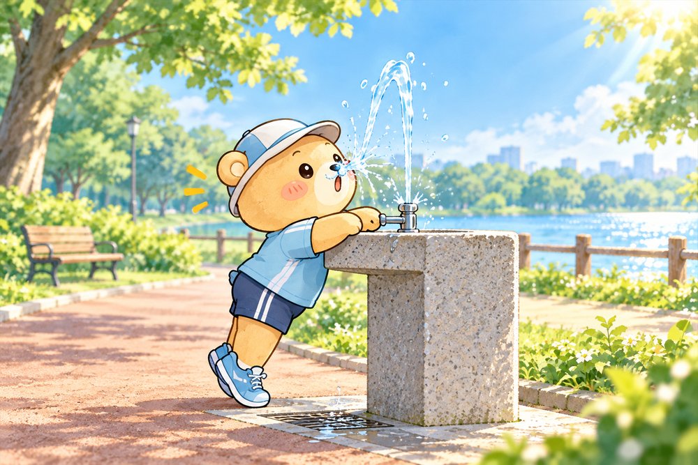 公園の水飲み場で水が鼻にかかって驚くくまのナビ助
