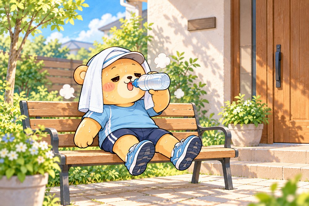 走り終わってベンチでタオルをかぶり水分補給するくまのナビ助