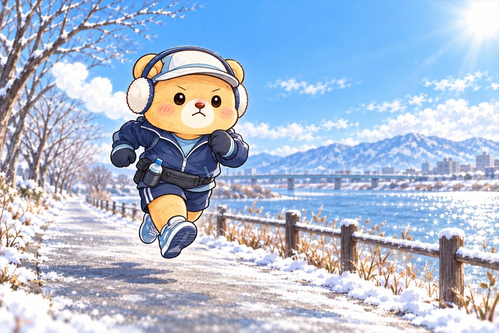 真冬の川沿いを白い息をはいて走るくまのナビ助