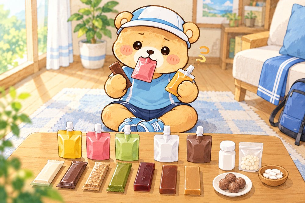 いろいろな補給食を前にどれにするか悩むナビ助