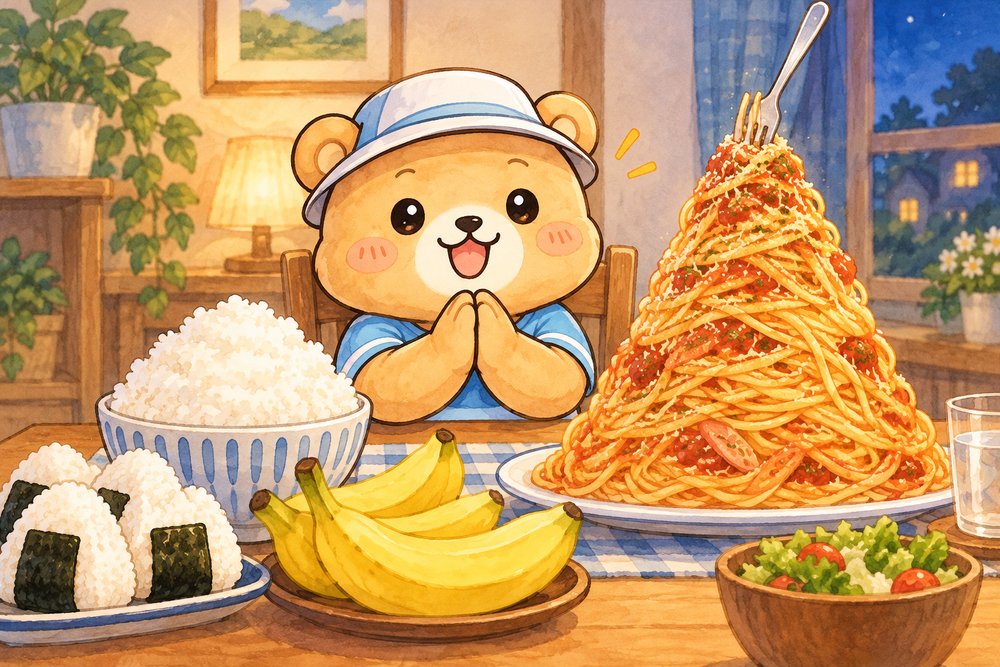 炭水化物たっぷりの夕食に手を合わせるクマのナビ助