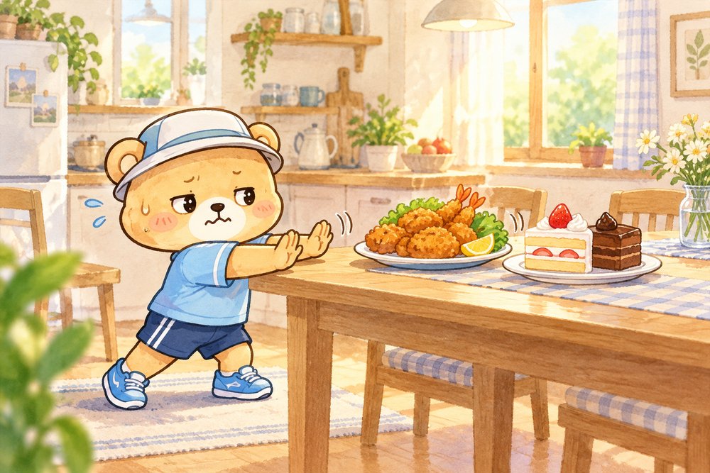揚げ物とケーキの皿をそっと遠ざけるクマのナビ助