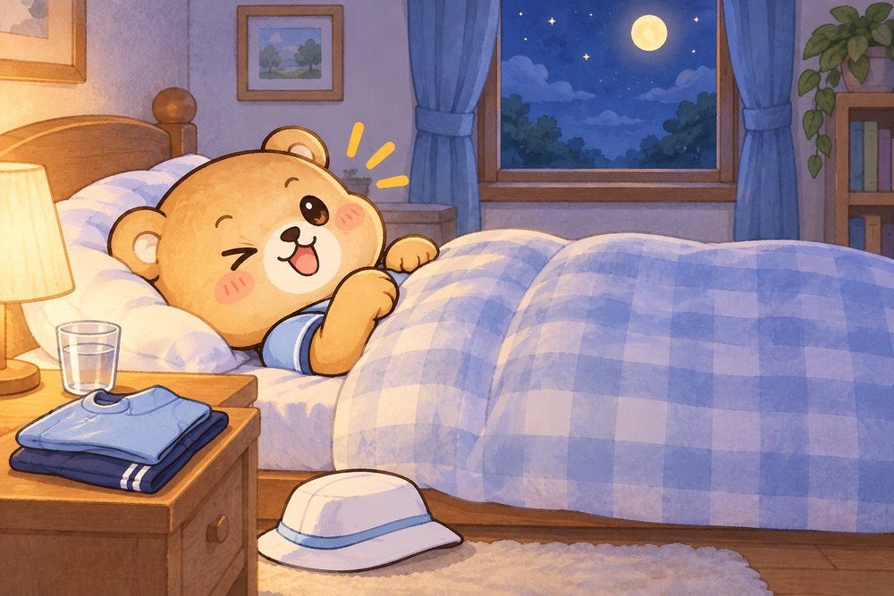 大会前夜にベッドで眠りにつこうとするクマのナビ助