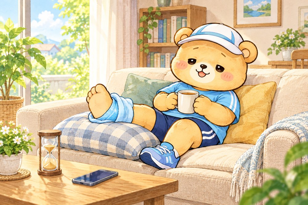 足を高くして足首を冷やして休むクマのナビ助