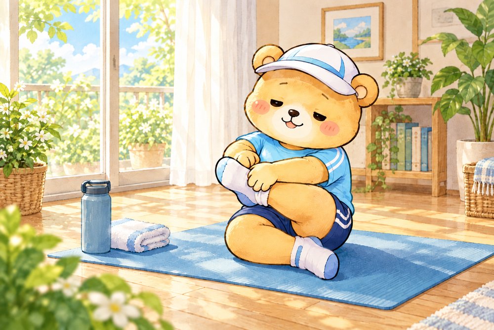 ヨガマットで足首をゆっくり回すクマのナビ助
