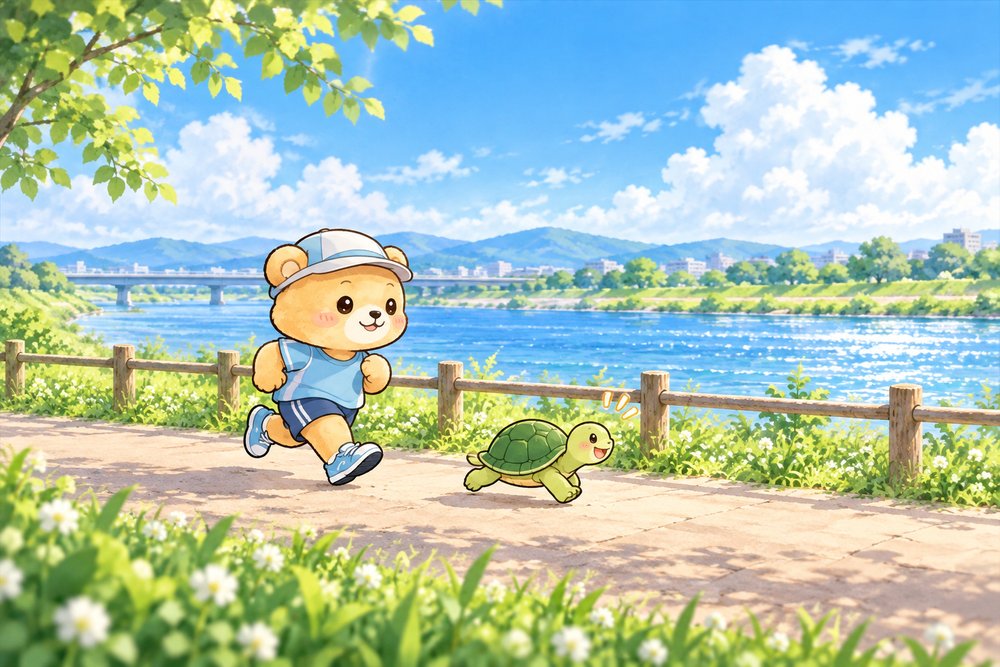 カメと並んでゆっくり小走りするクマのナビ助