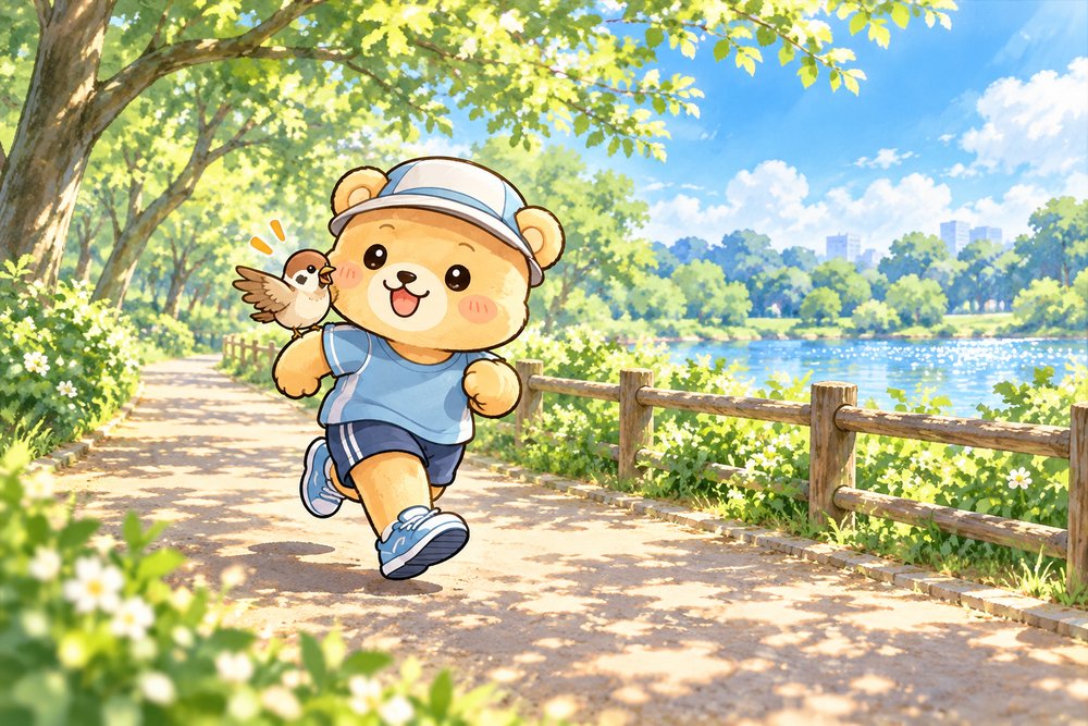 スズメとおしゃべりしながら走るクマのナビ助