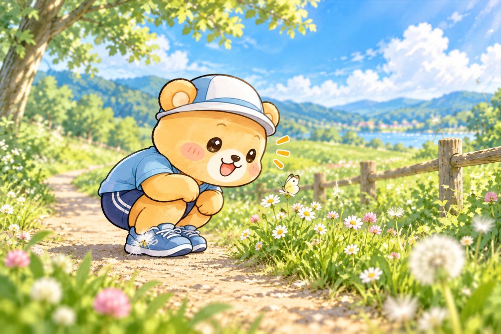 道ばたの花をしゃがんでのぞきこむクマのナビ助