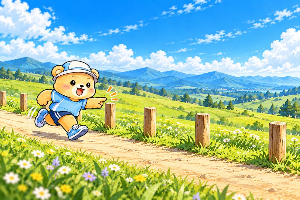 牧草地の遊歩道で杭を数えながら進み具合をたしかめるクマのナビ助