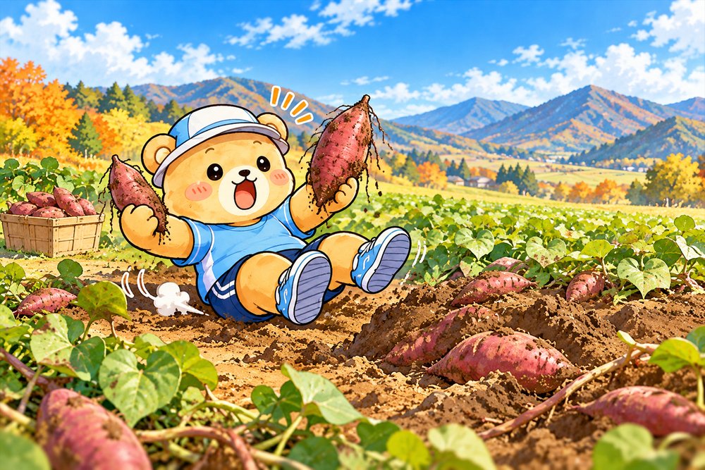 さつまいも畑で掘り出したいもを見比べて選ぶクマのナビ助