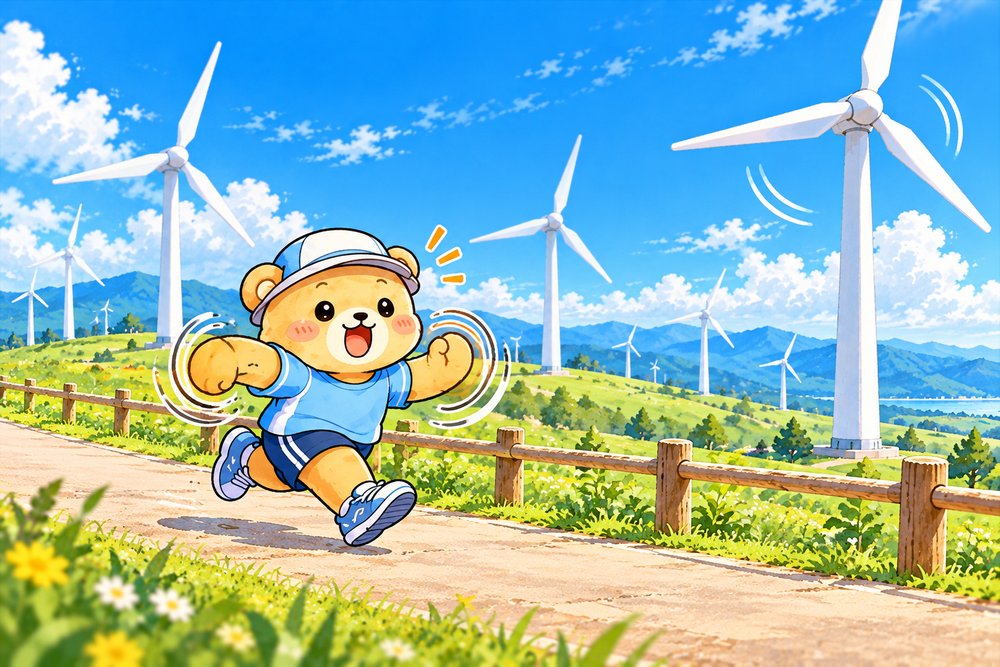 風車群の道でリズムをととのえて走るクマのナビ助