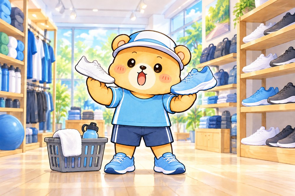 軽いレース用と厚みのある練習用シューズを持って比べるクマのナビ助