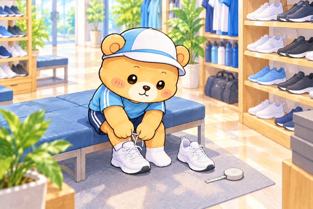 試着ベンチで靴ひもを結んでフィット感を確かめるクマのナビ助