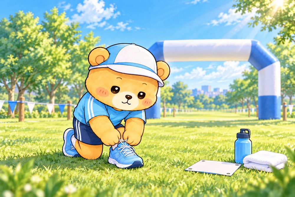 スタート地点で靴ひもを結び直すクマのナビ助