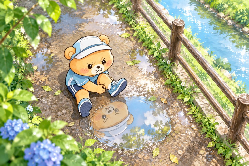 水たまりに映った自分とにらめっこするクマのナビ助
