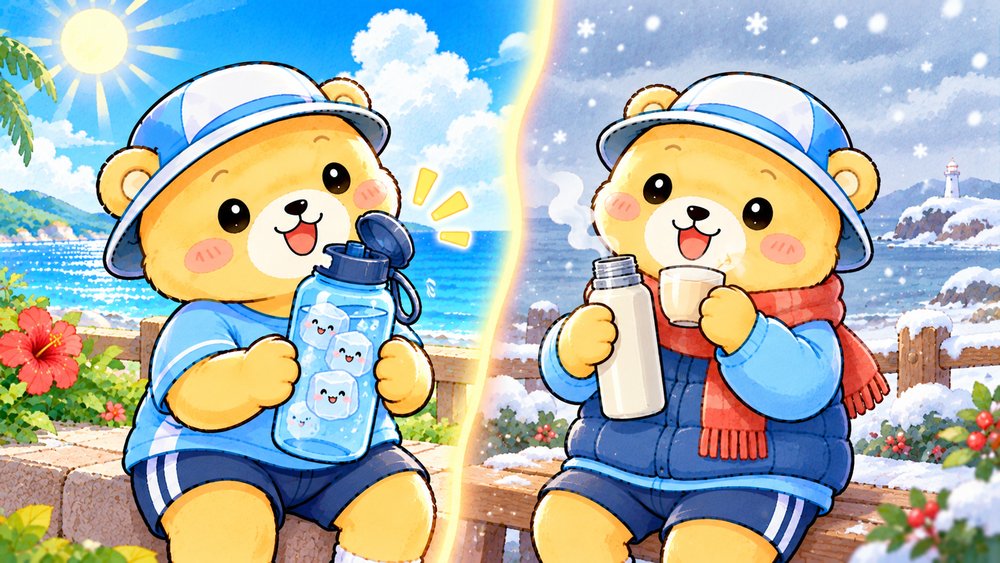 夏は氷入り冬は保温のボトルを楽しむクマのナビ助