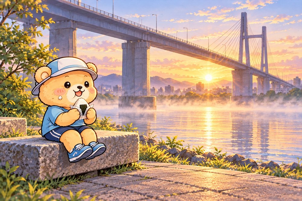 夜明けの橋のたもとでおにぎりを食べるくまのナビ助