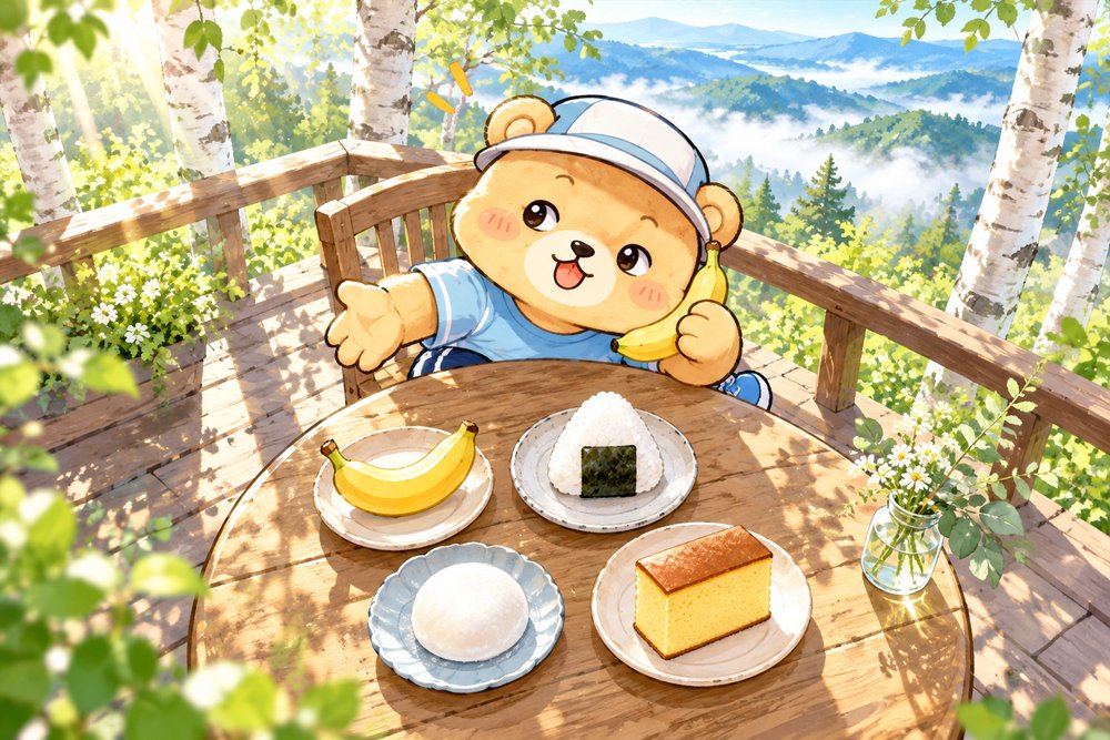 高原のテラスで朝食メニューを選ぶくまのナビ助