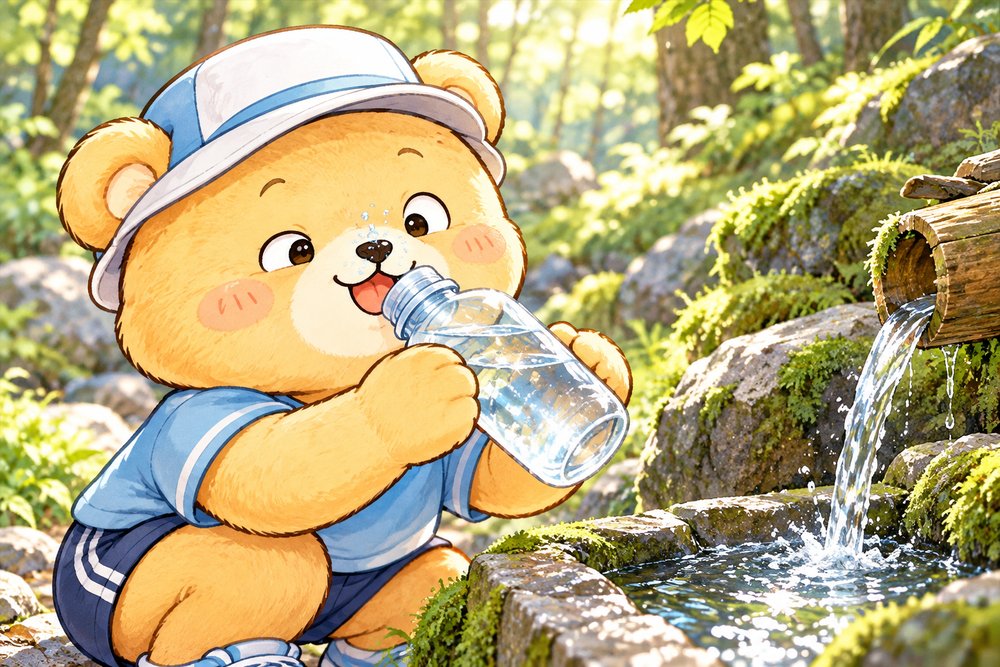 山の湧き水で水分補給するくまのナビ助